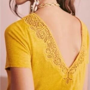 Sezane Yellow Lace Detail Short Sleeve Tee
